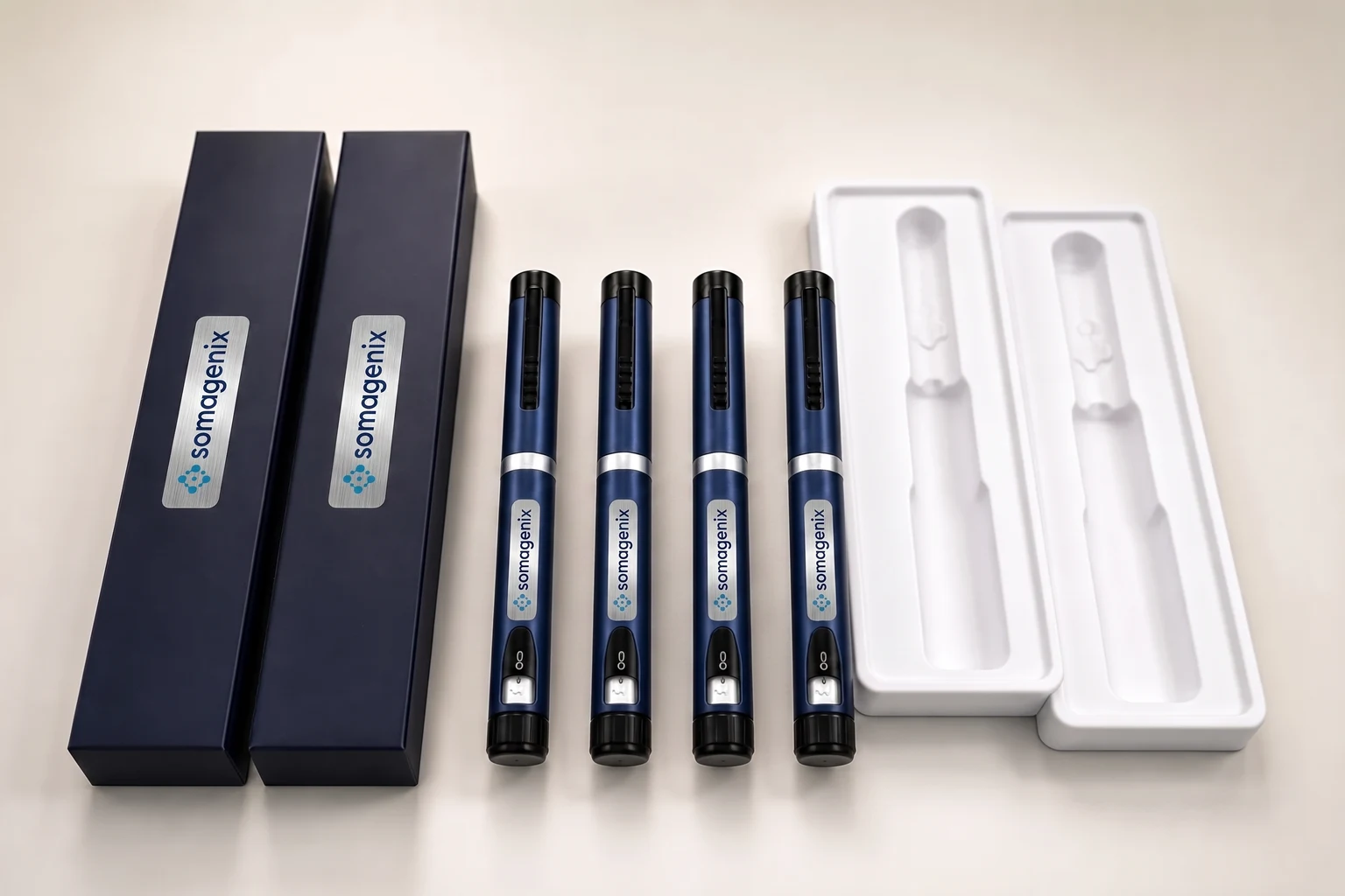 the alt pen system: boxes, four silver-label pens, and cartridge trays